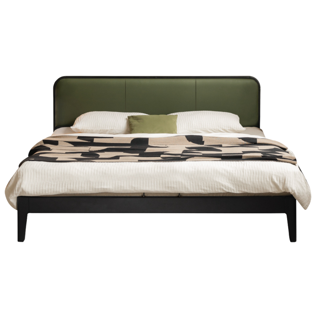 Rubberwood Solid Wood Bed — Modern Minimalist Black Design with Soft Headboard