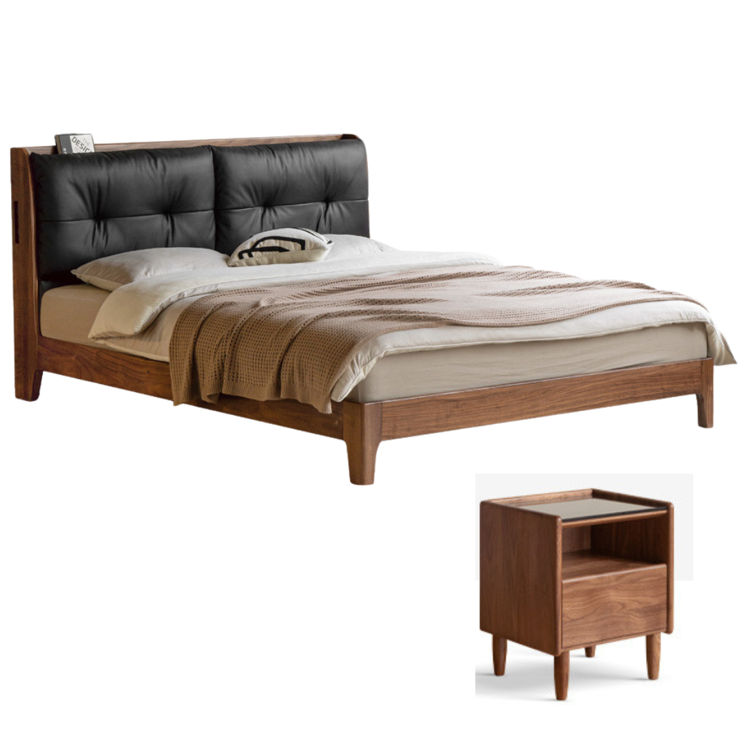 Black Walnut, Sandalwood Solid Wood Bed — Genuine Leather Upholstered, Simple Luxury Design