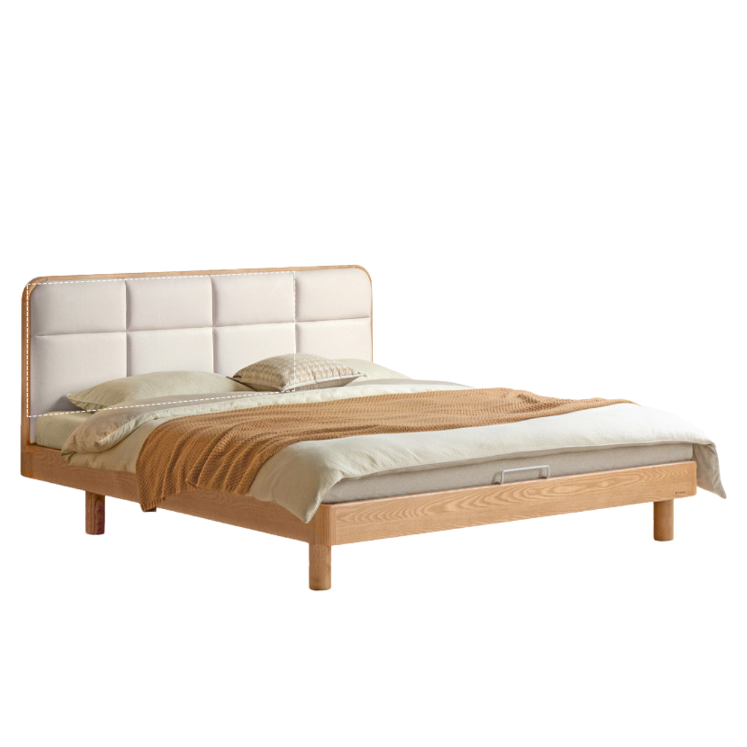 Ash Solid Wood Bed with Top Grain Cowhide Upholstery in Modern Minimalist Style