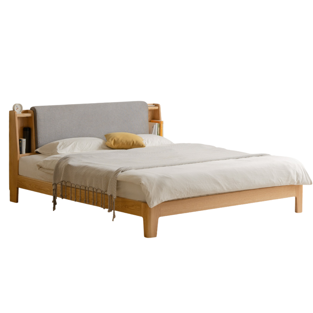 Oak Solid Wood Bed with Genuine Leather and Light Upholstery