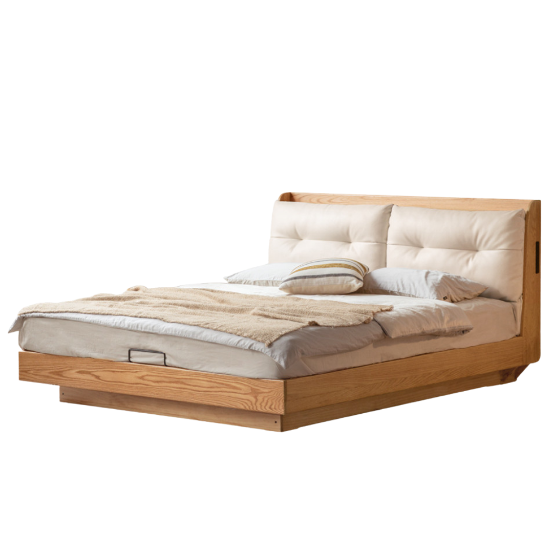 Oak Solid Wood Modern Leather Storage Bed, LED Lighting and USB Charging