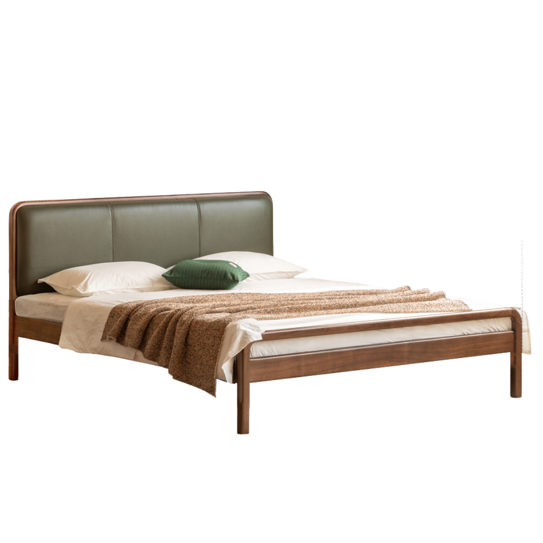 Black Walnut, Beech Solid Wood Retro Upholstered Large Bed