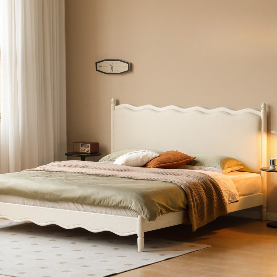 Rubberwood Solid Wood Upholstered Bed Retro Style White Bed