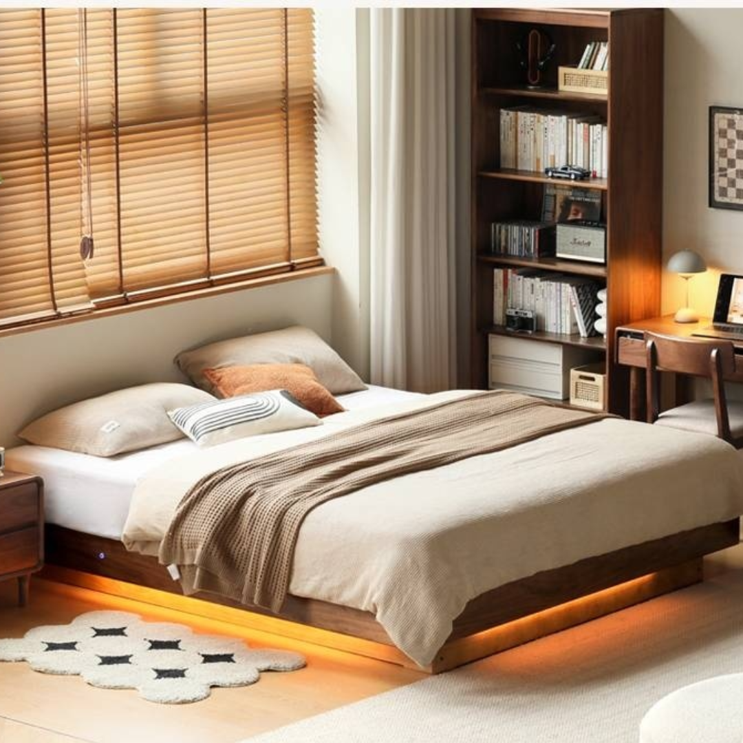 Black Walnut Solid Wood Platform Box Bed, Headboard-Free Bed Night Light Suspended Bed