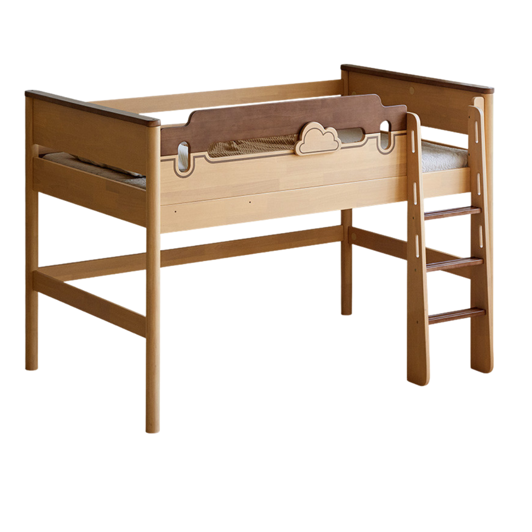 Rubberwood Solid Wood Children's Loft Bed with Under-Bed Cabinets
