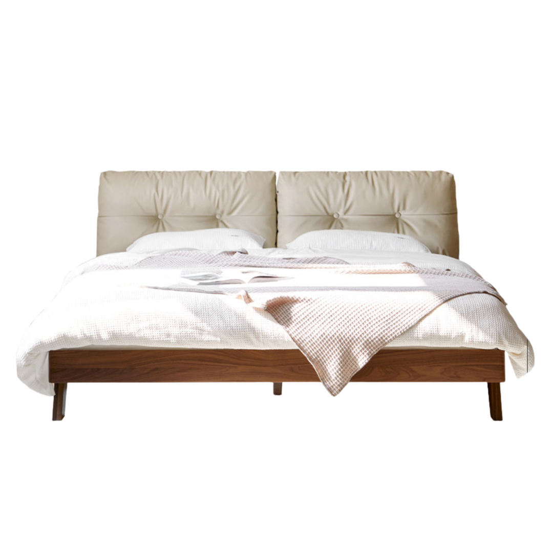 Black Walnut Solid Wood Bed with Top Genuine Leather Upholstery and Nordic High Headboard