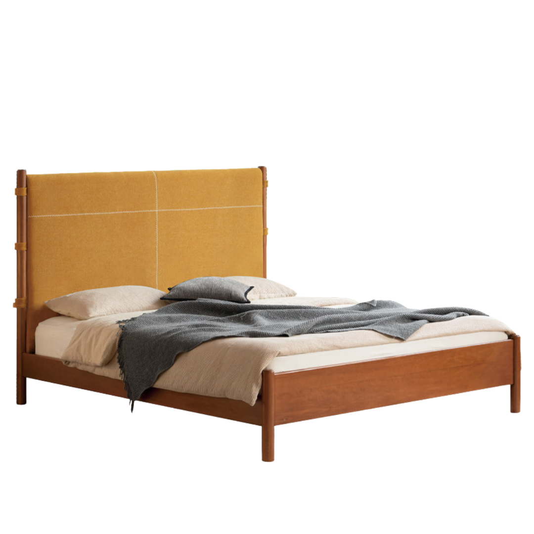 Poplar Solid Wood Bed with Vintage High Backrest and Soft Upholstery