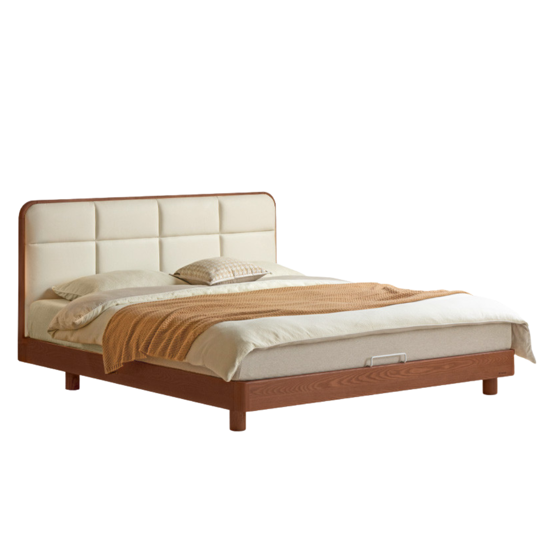 Ash Solid Wood Bed with Top Grain Cowhide Upholstery in Modern Minimalist Style
