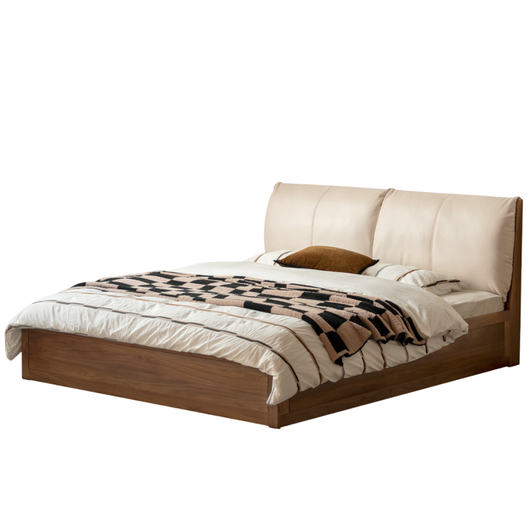 Black Walnut Solid Wood Box Bed — Luxury Genuine Leather Bed with Soft Backrest