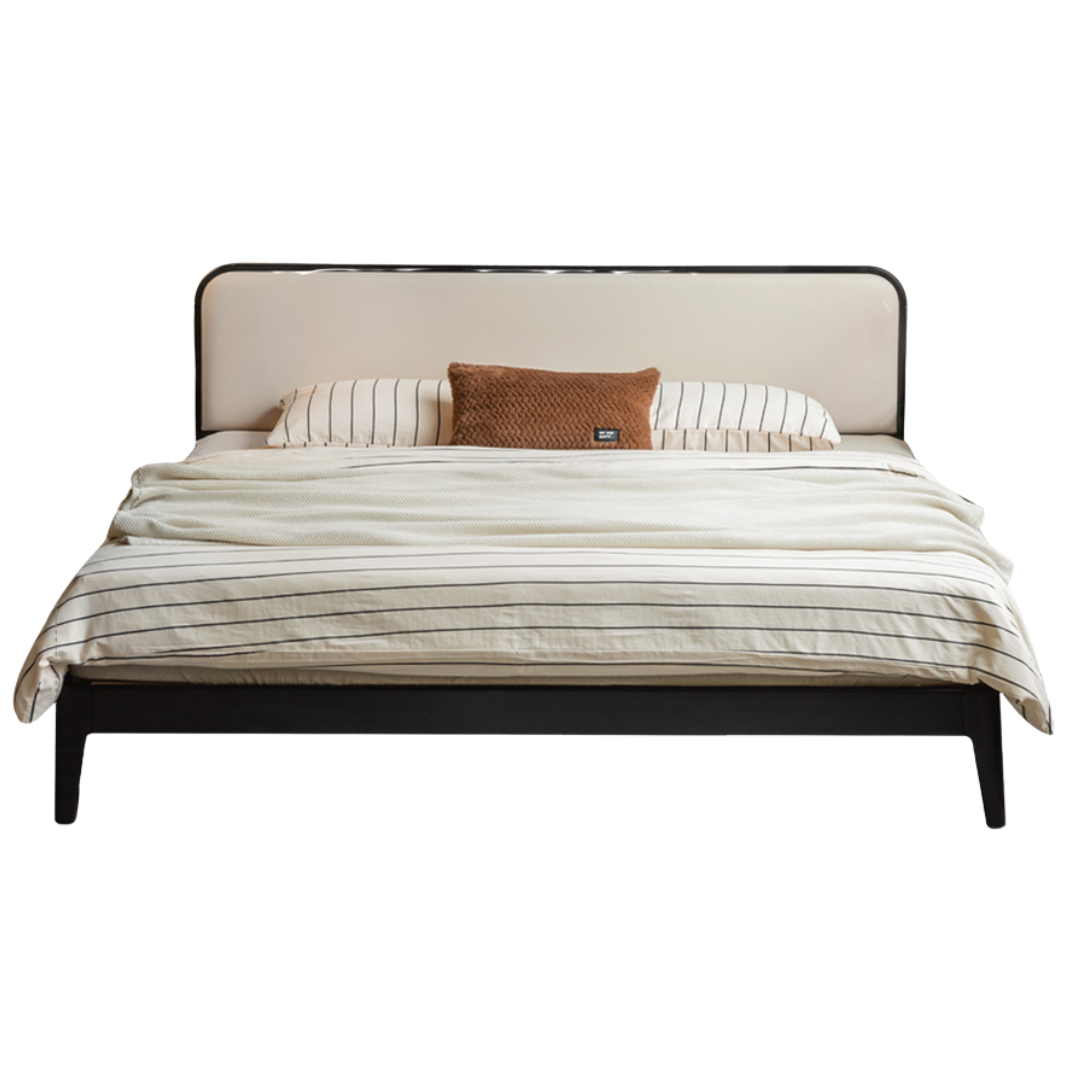 Rubberwood Solid Wood Bed — Modern Minimalist Black Design with Soft Headboard