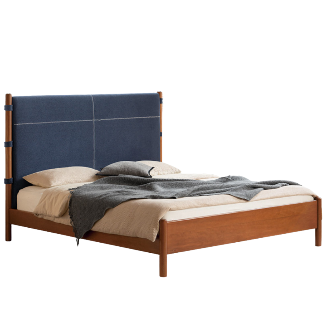 Poplar Solid Wood Bed with Vintage High Backrest and Soft Upholstery