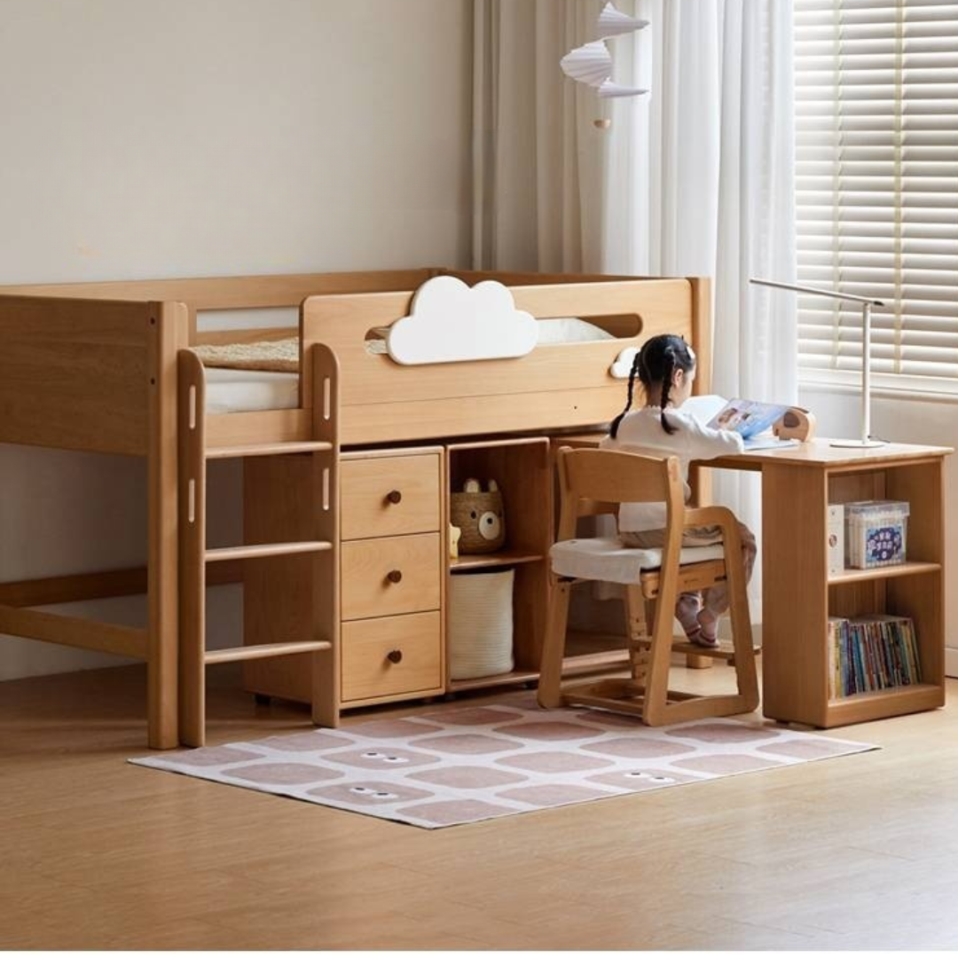 Beech Solid Wood Children's Loft Bed with Under-Table and Storage