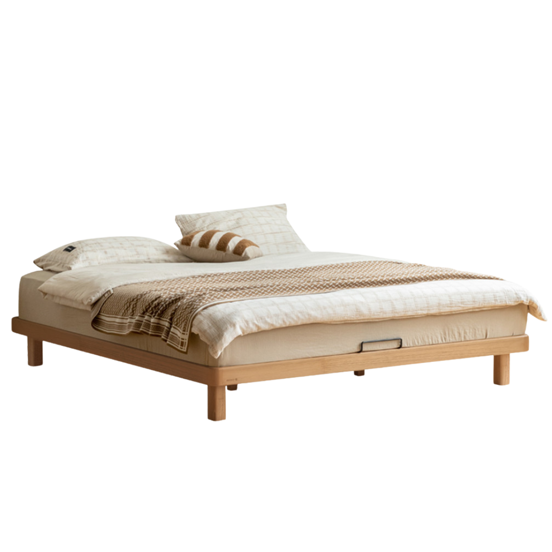 Beech, Rubberwood Solid Wood Platform Bed, Headboard-Free Bed with Flat Edge