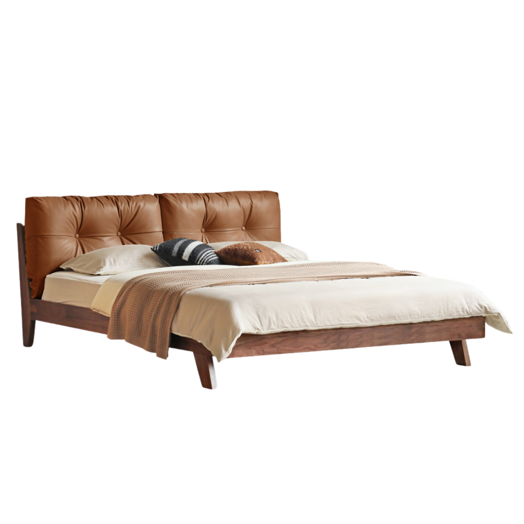 Black Walnut Solid Wood Bed with Top Genuine Leather Upholstery and Nordic High Headboard