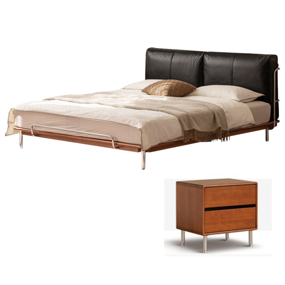 Genuine Leather Bauhaus Style Double Bed with Top Grain Cowhide Soft Backrest