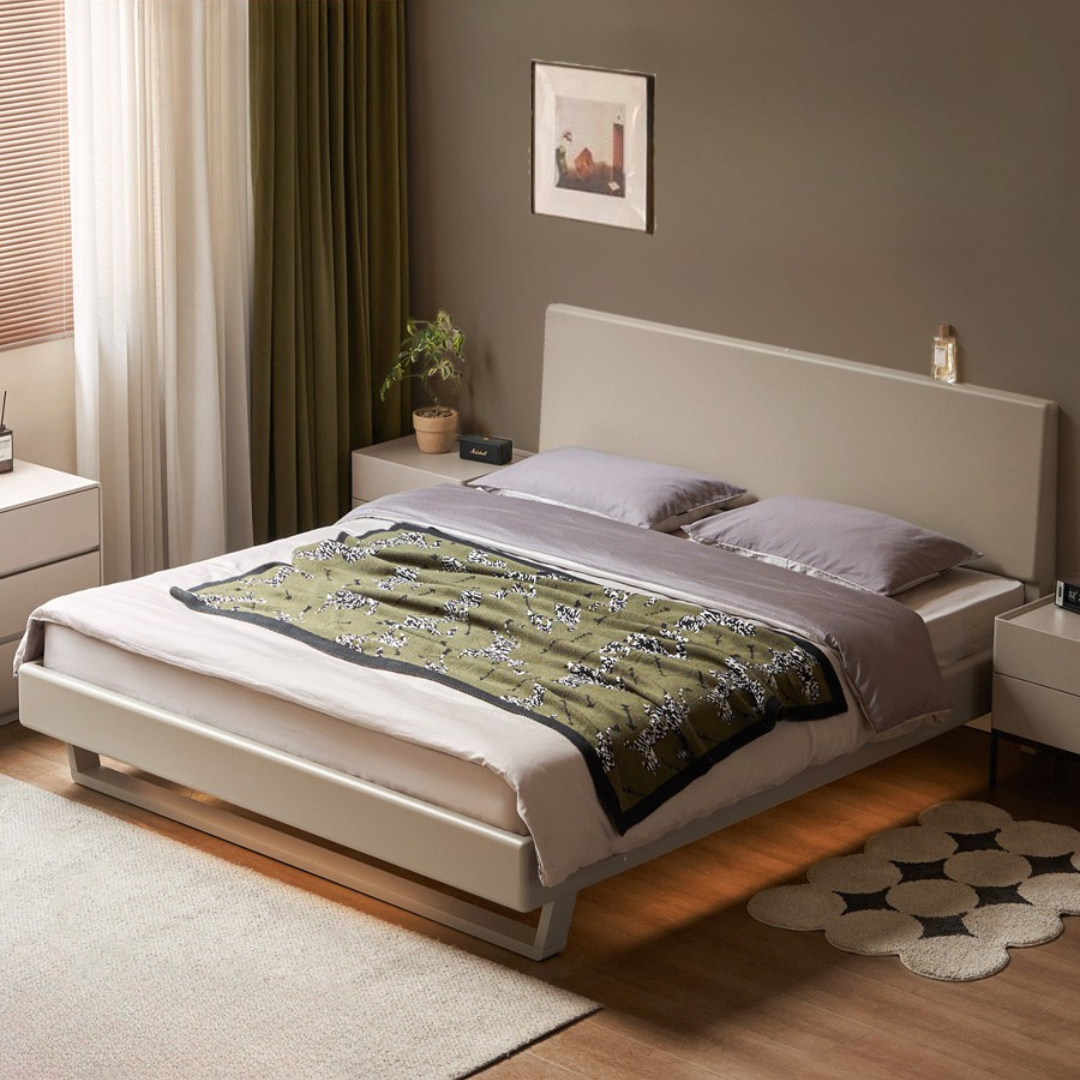 Poplar Solid Wood Floating Bed with Lights, Modern Minimalist