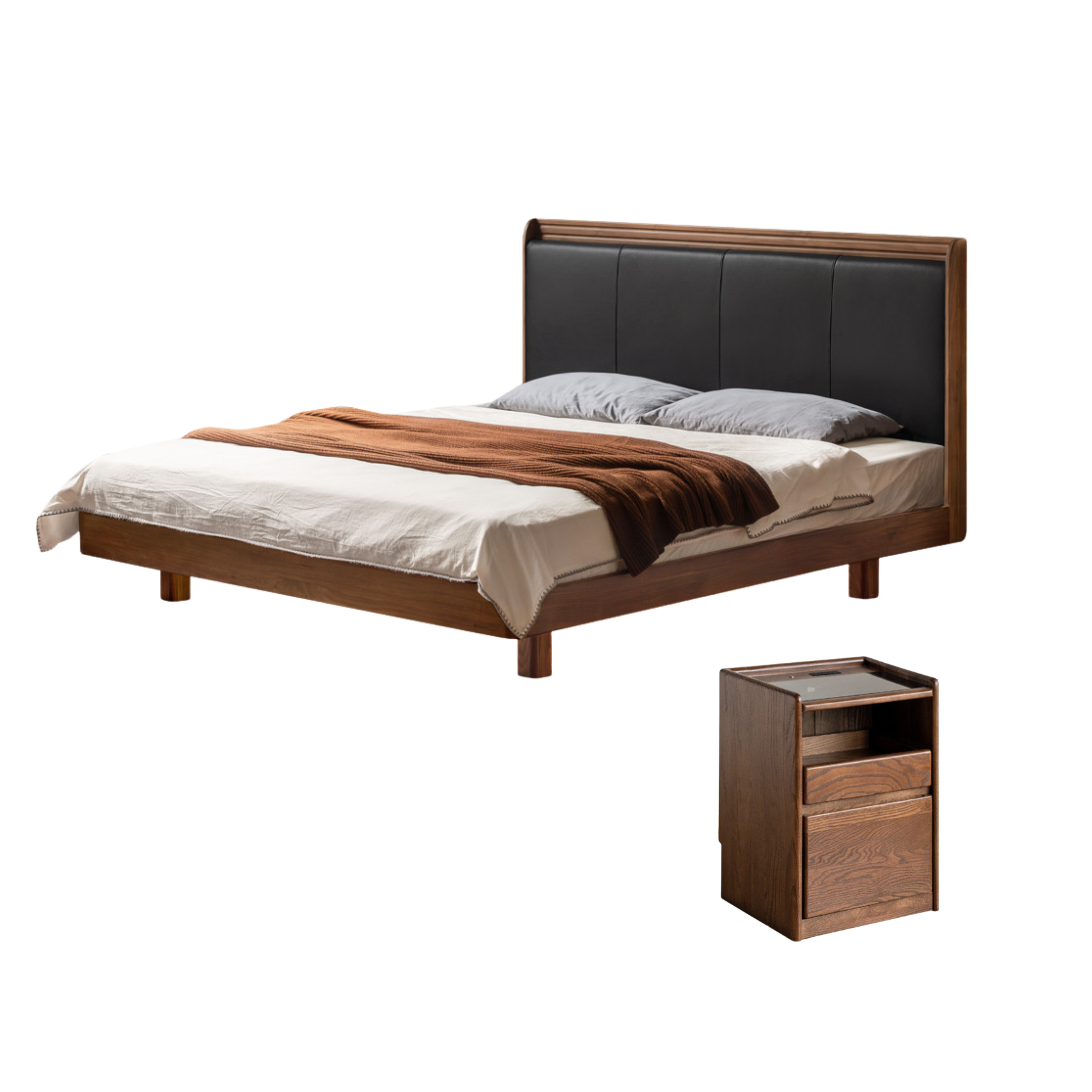 Black Walnut Solid Wood Luxury Leather With Light Bed