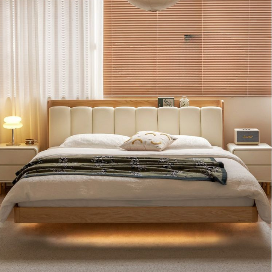 Oak Solid Wood Suspended Bed with Soft Backrest – Piano Key Design