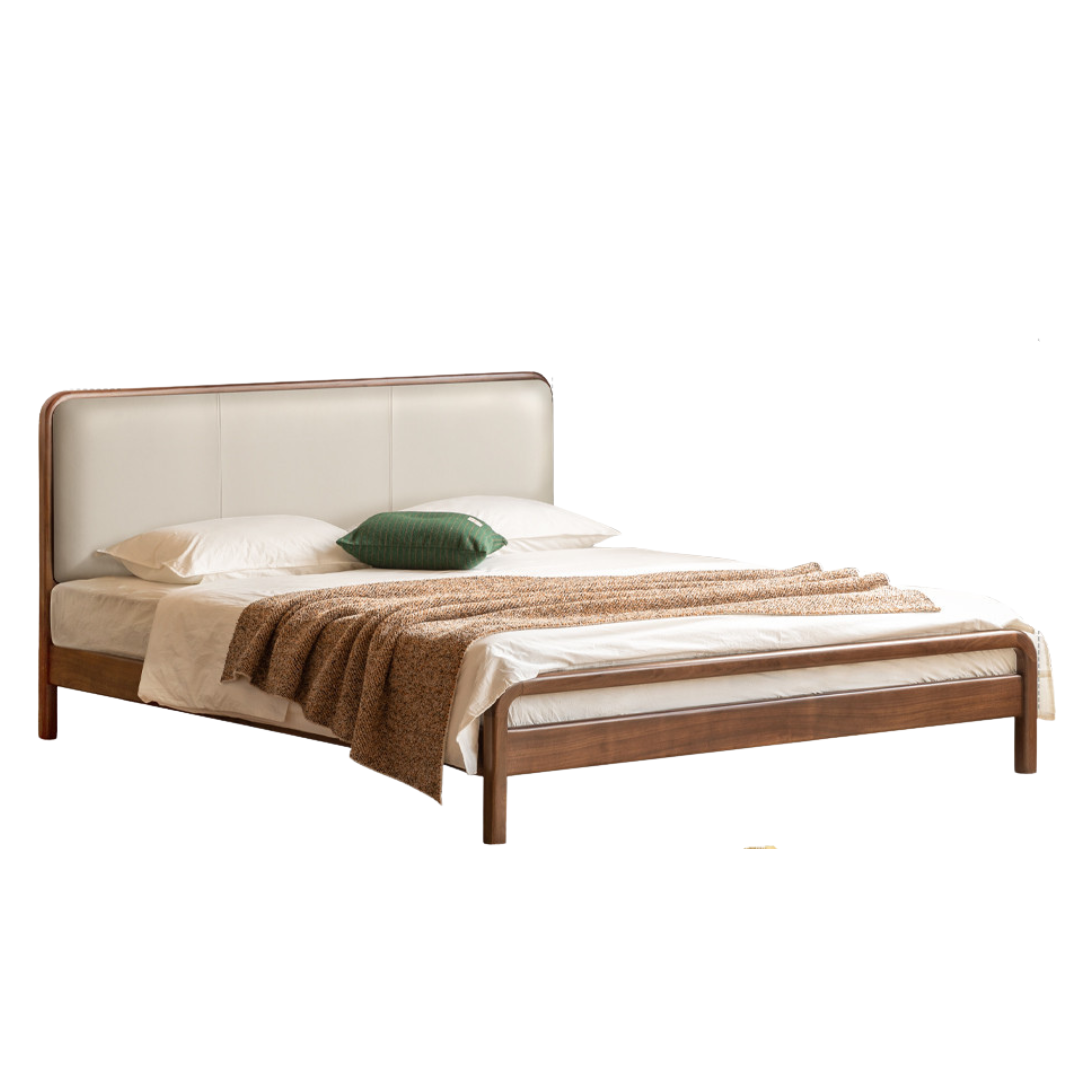 Black Walnut, Beech Solid Wood Retro Upholstered Large Bed