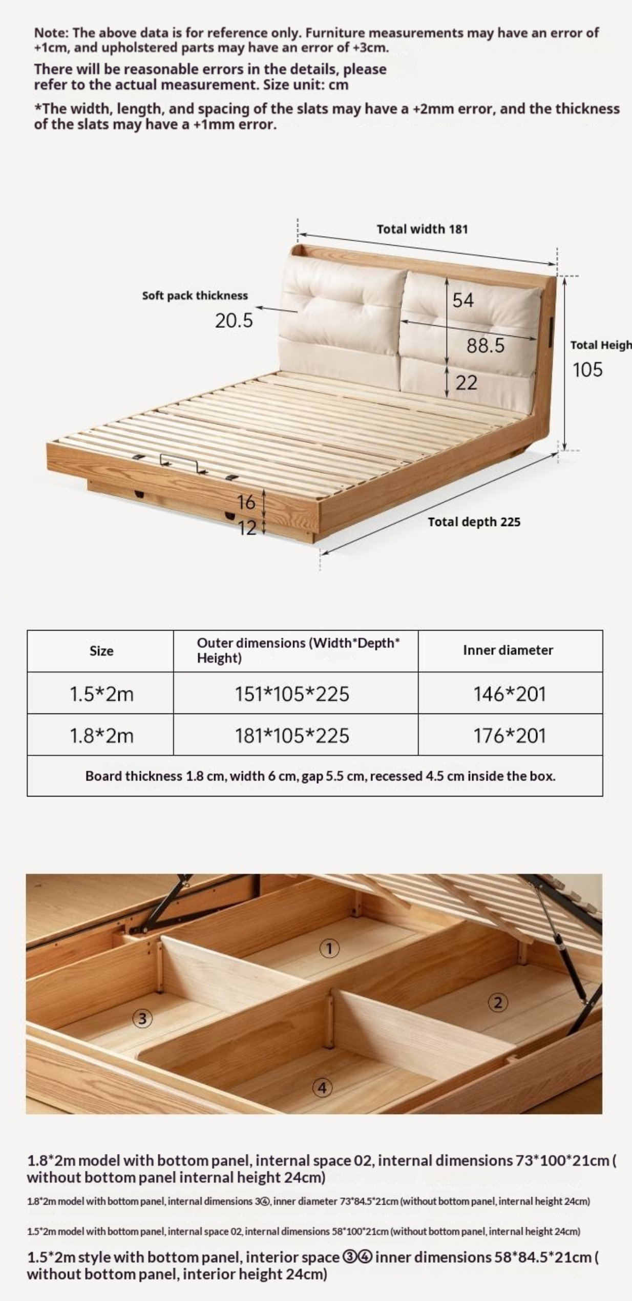 Oak Solid Wood Modern Leather Storage Bed, LED Lighting and USB Charging