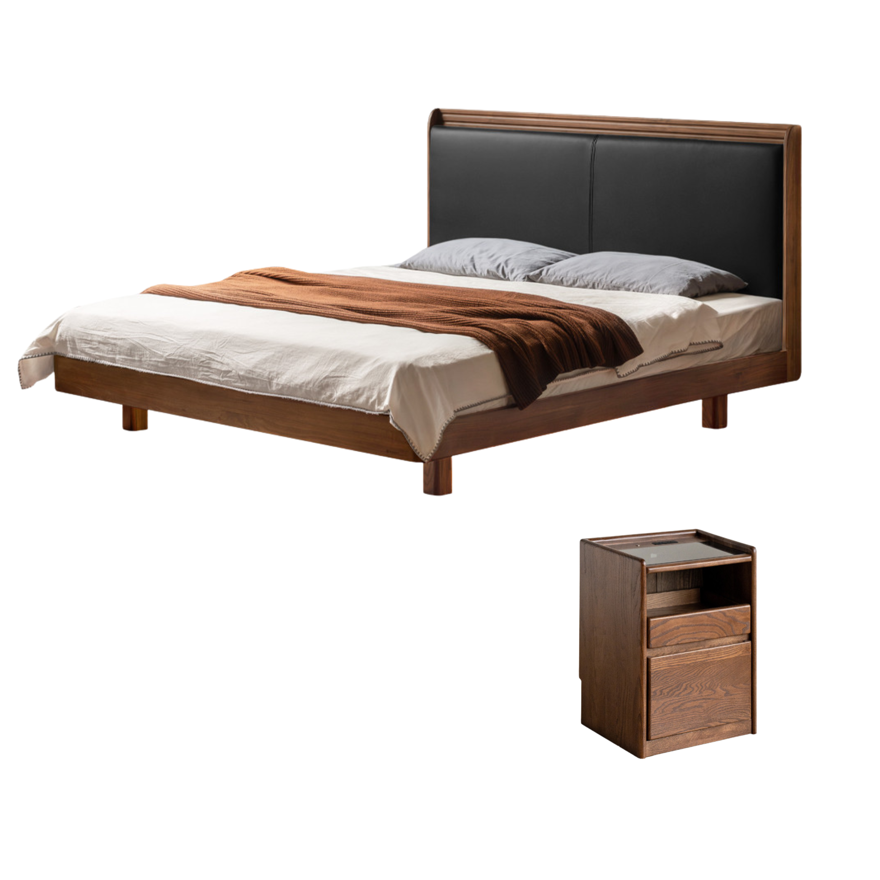 Black Walnut Solid Wood Luxury Leather With Light Bed