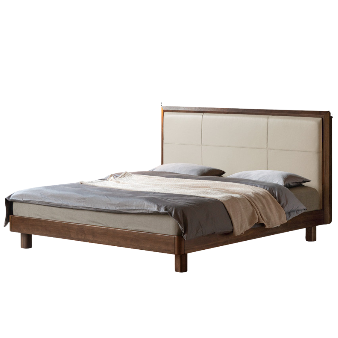 Black Walnut, Oak Solid Wood Italian Light Luxury Genuine Leather Soft Headboard Luminous Bed