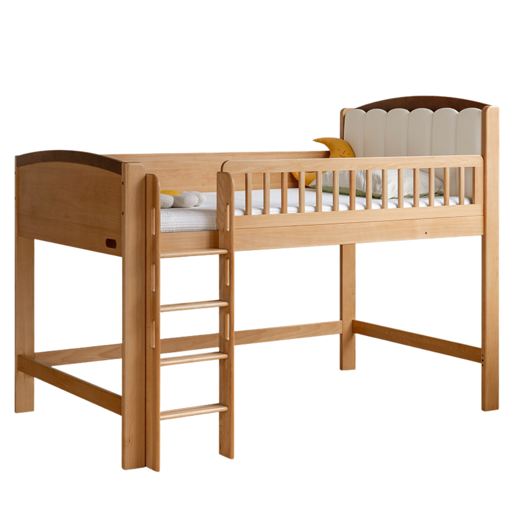 Beech Solid Wood Children's Soft Backrest Storage Loft Bed with Night Light
