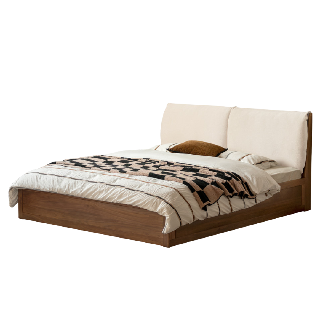 Black Walnut Solid Wood Box Bed — Luxury Genuine Leather Bed with Soft Backrest