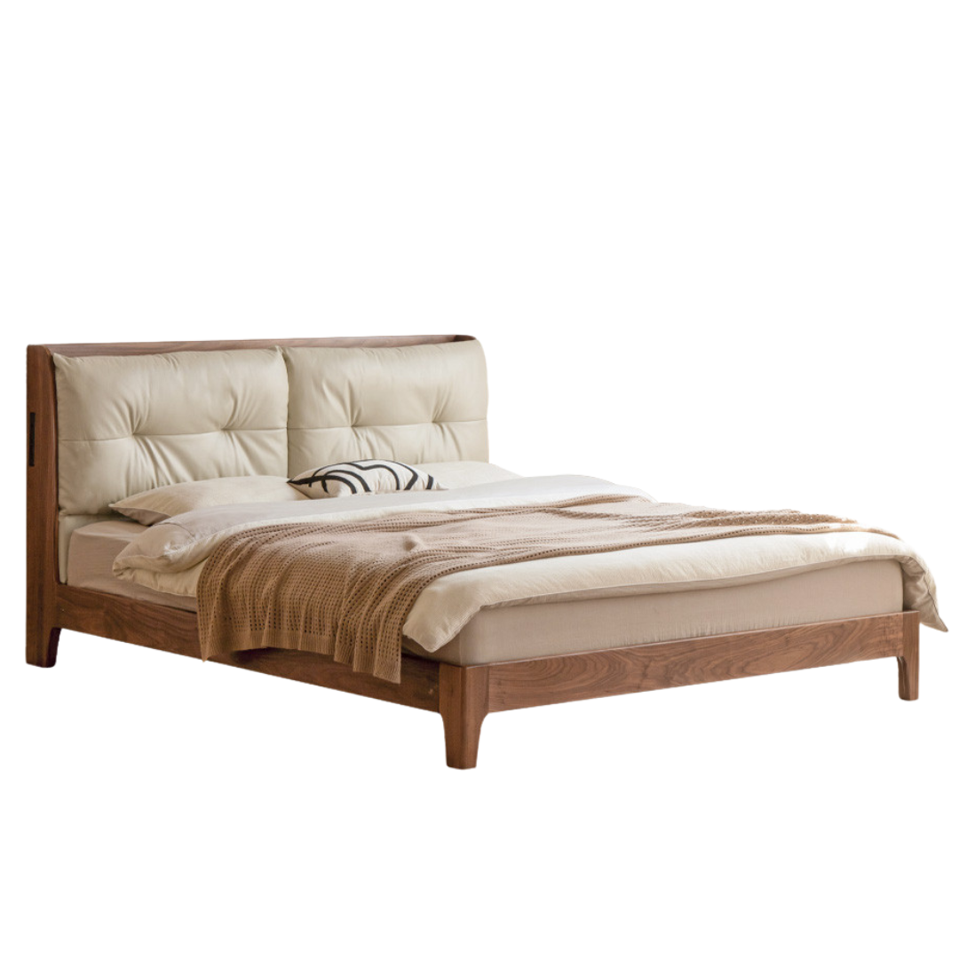 Black Walnut, Sandalwood Solid Wood Bed — Genuine Leather Upholstered, Simple Luxury Design