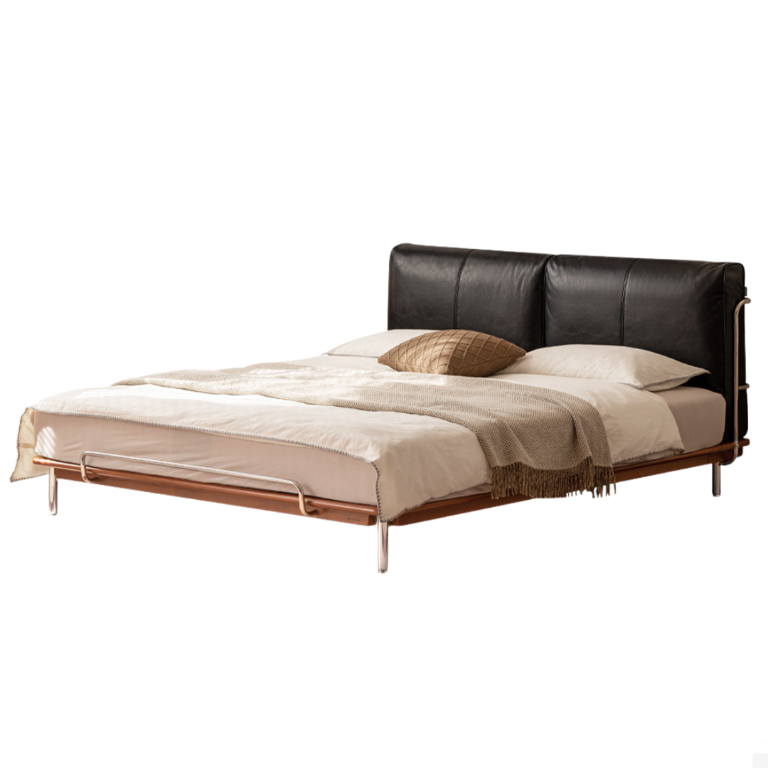 Genuine Leather Bauhaus Style Double Bed with Top Grain Cowhide Soft Backrest