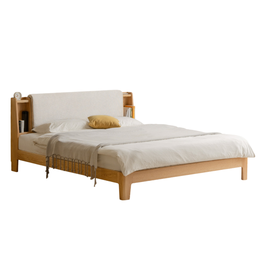 Oak Solid Wood Bed with Genuine Leather and Light Upholstery