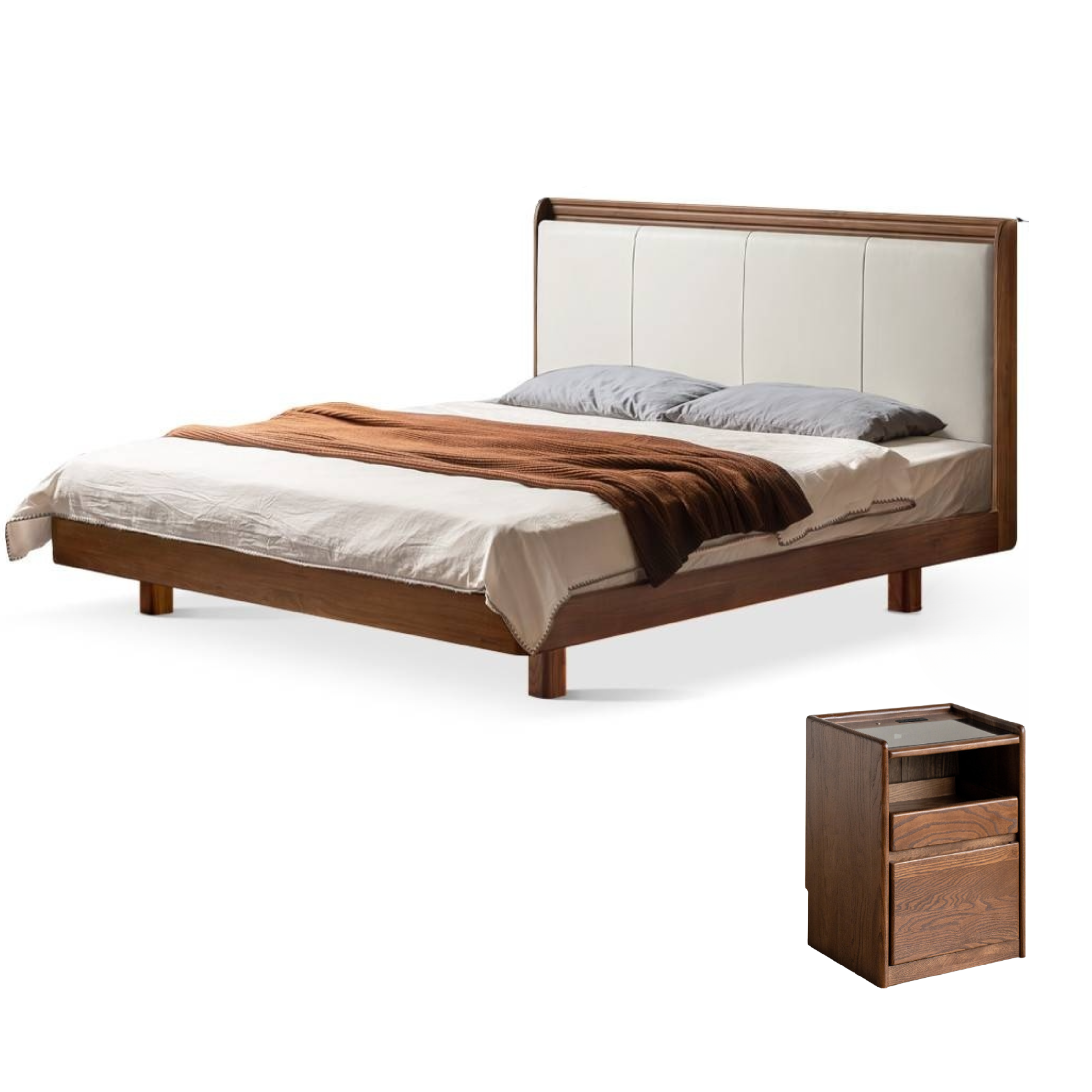 Black Walnut Solid Wood Luxury Leather with Light Bed