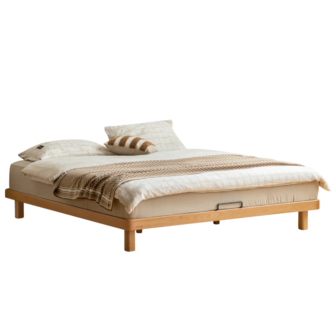 Beech, Rubberwood Solid Wood Platform Bed, Headboard-Free Bed with Flat Edge