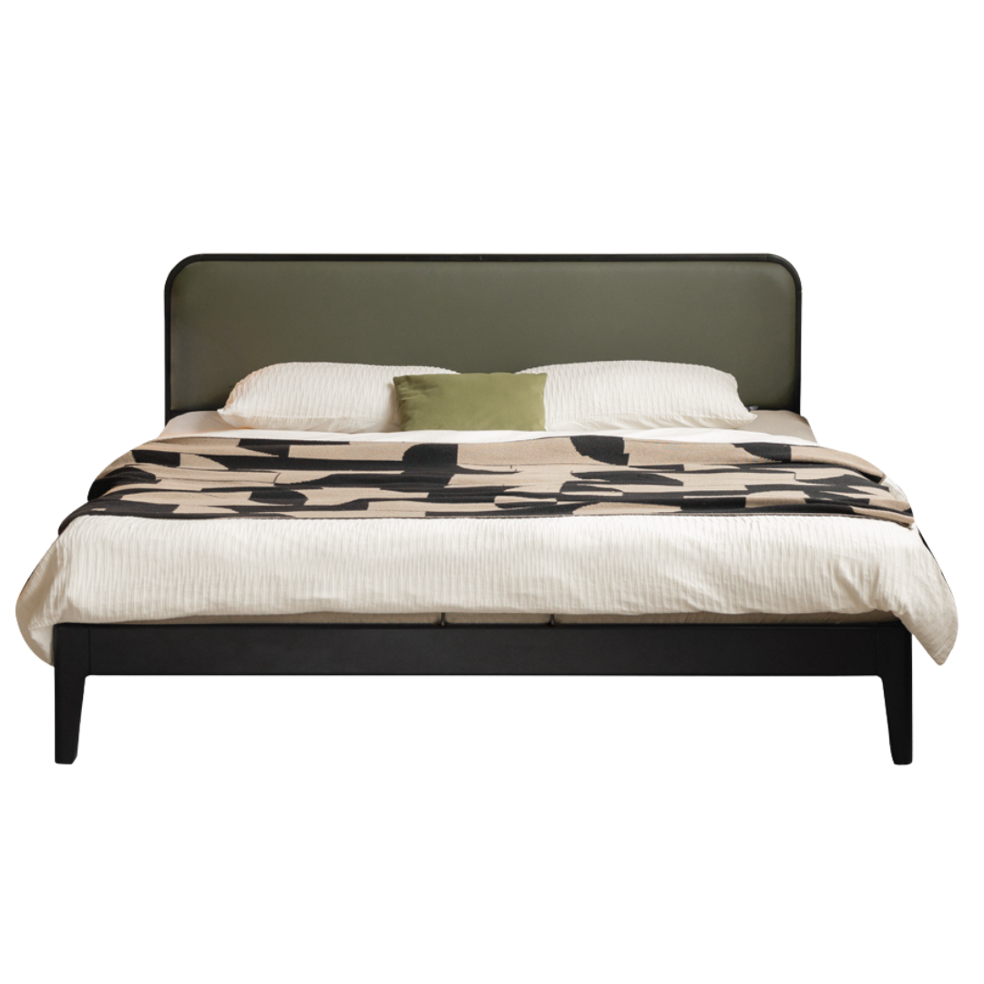 Rubberwood Solid Wood Bed — Modern Minimalist Black Design with Soft Headboard