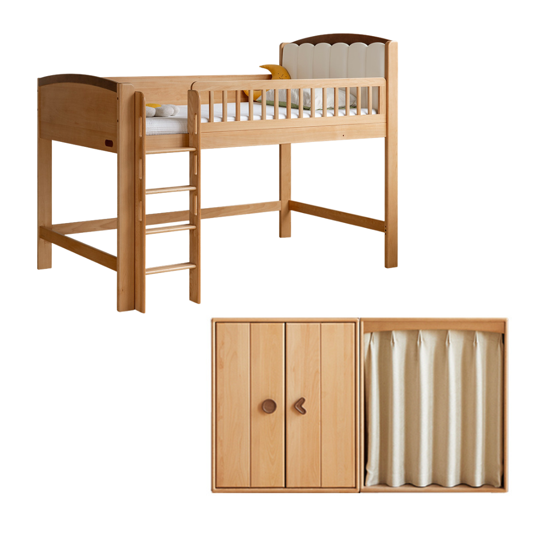 Beech Solid Wood Children's Soft Backrest Storage Loft Bed with Night Light