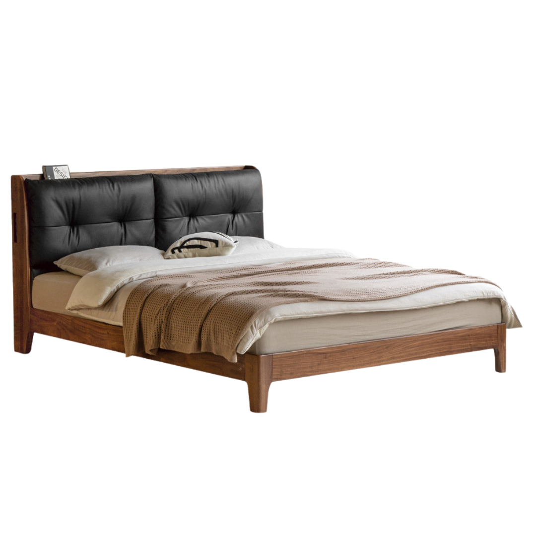 Black Walnut, Sandalwood Solid Wood Bed — Genuine Leather Upholstered, Simple Luxury Design