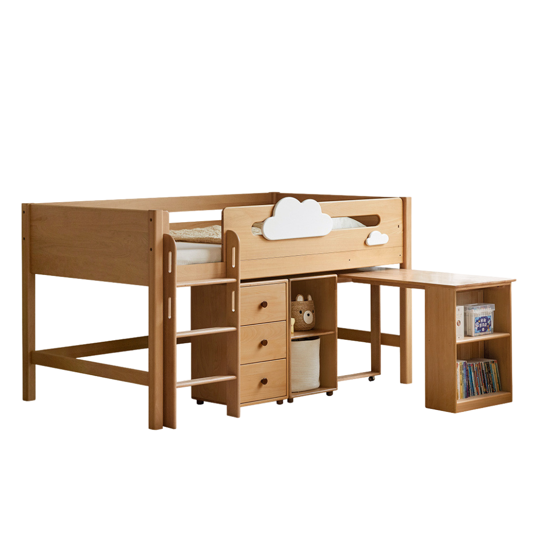 Beech Solid Wood Children's Loft Bed with Under-Table and Storage