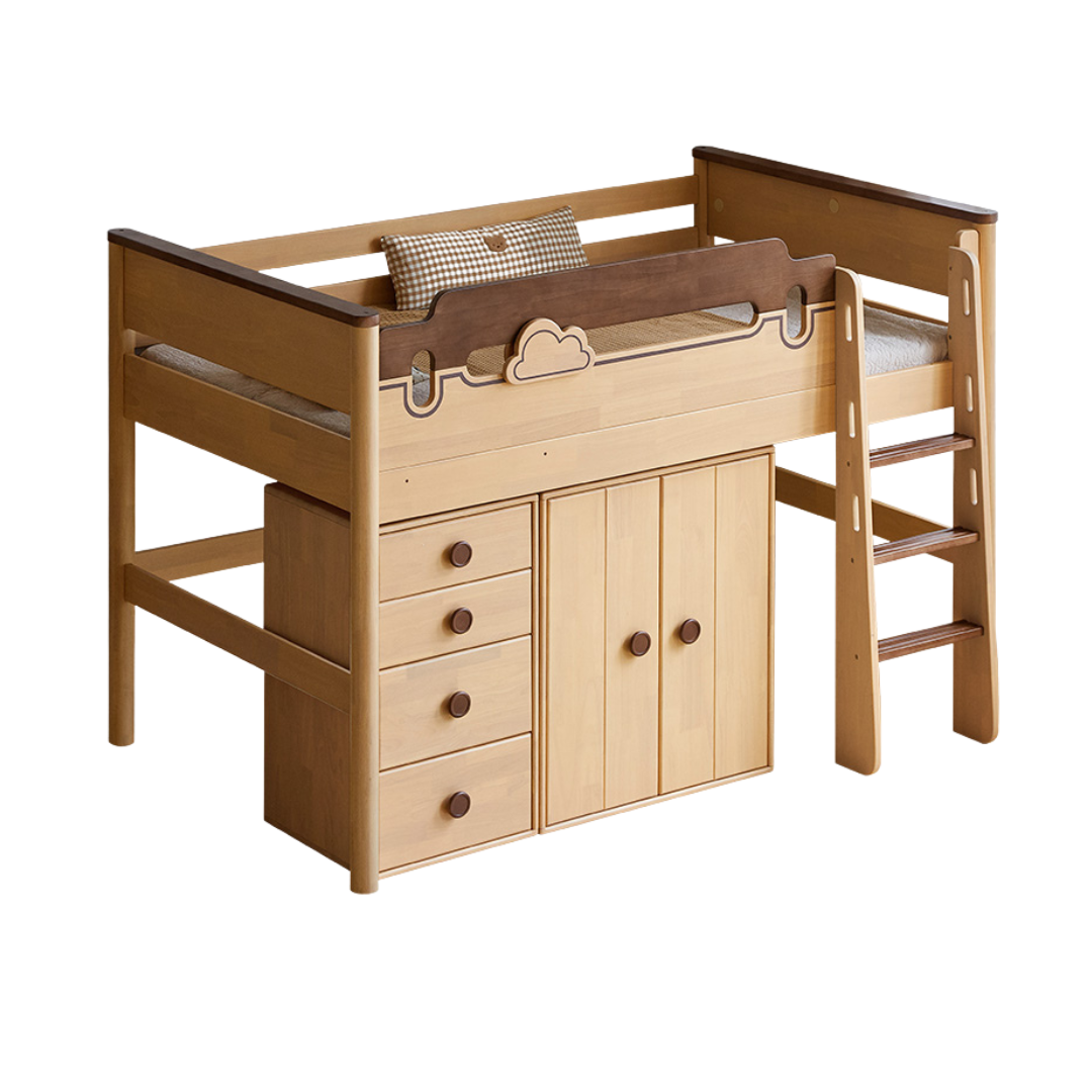 Rubberwood Solid Wood Children's Loft Bed with Under-Bed Cabinets