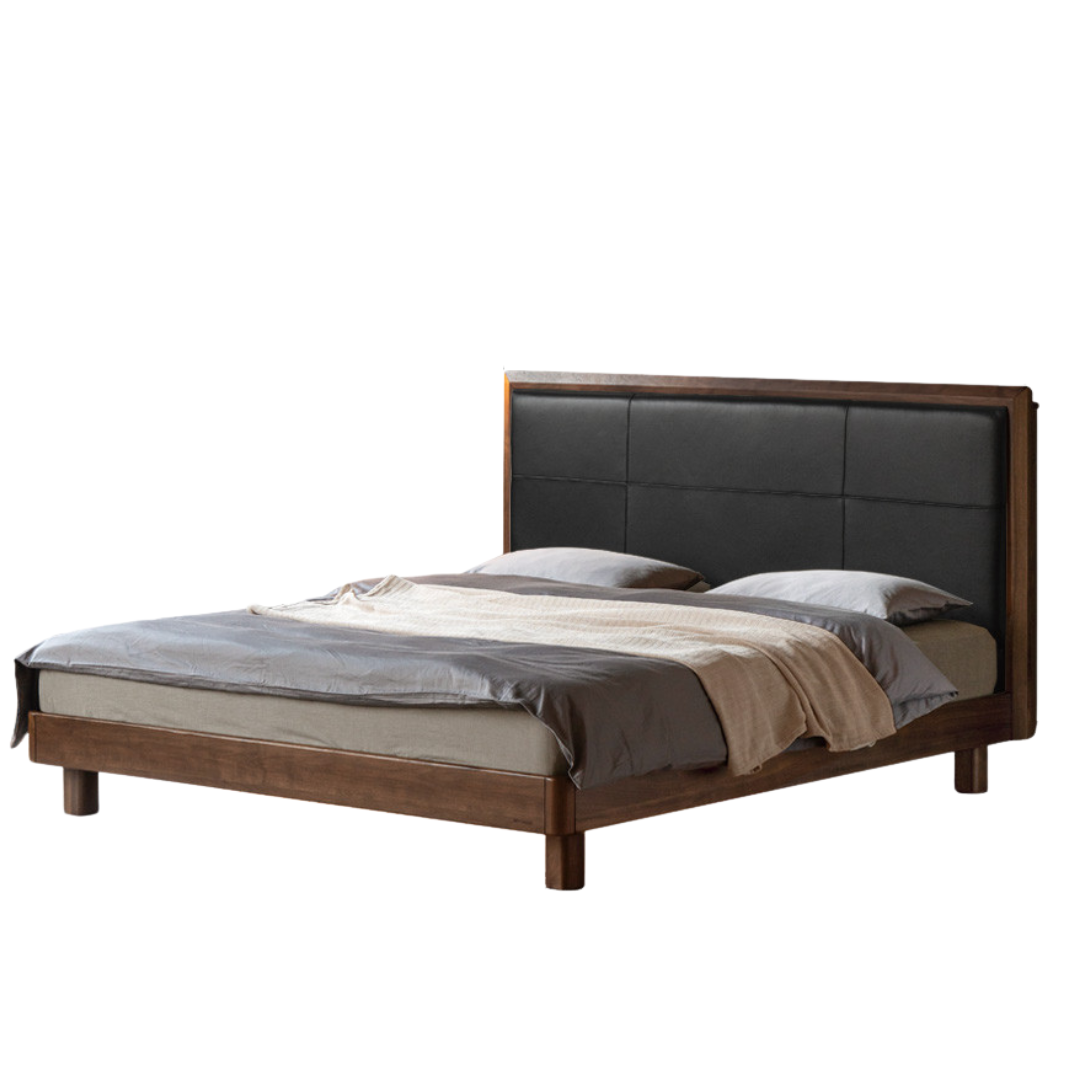 Black Walnut, Oak Solid Wood Italian Light Luxury Genuine Leather Soft Headboard Luminous Bed