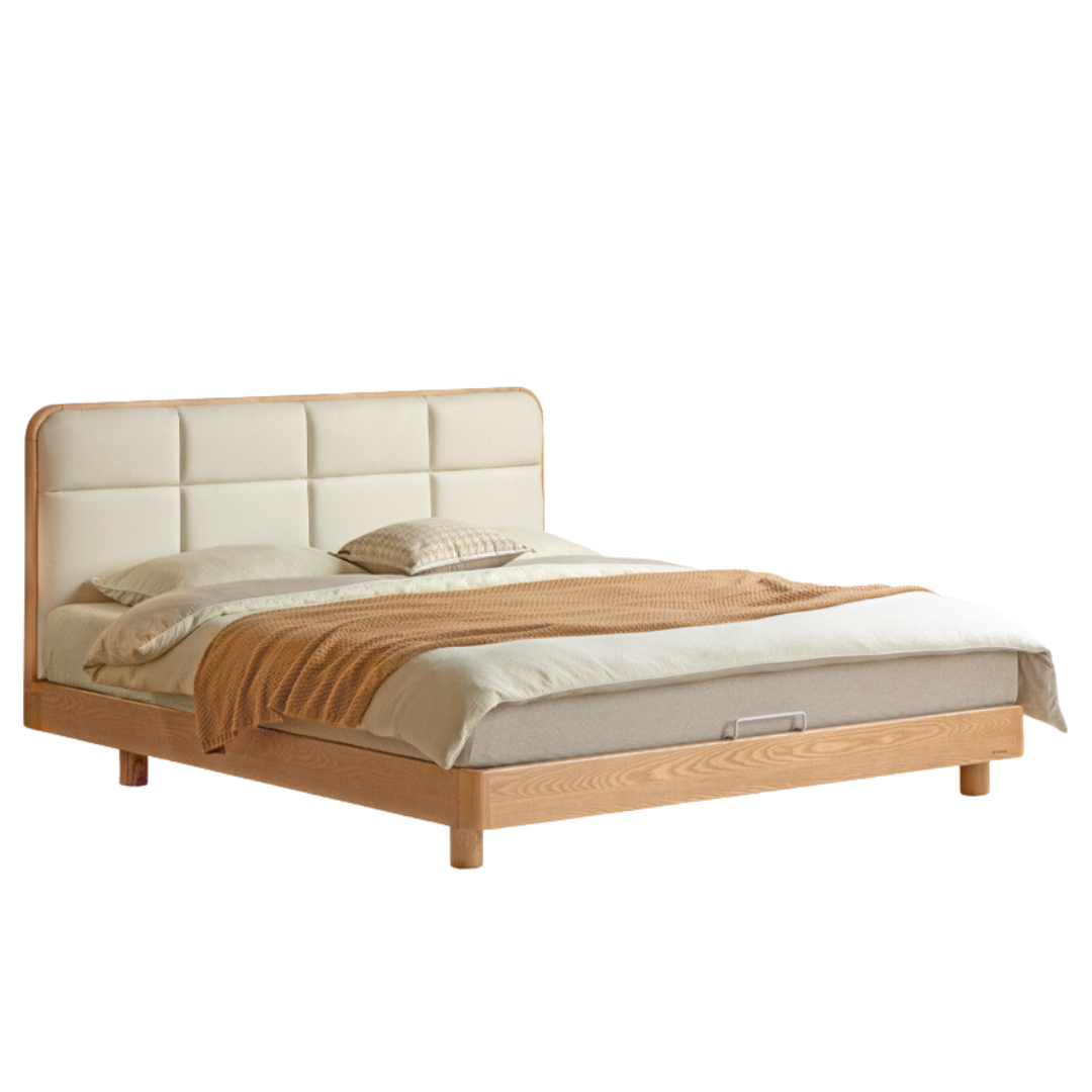 Ash Solid Wood Bed with Top Grain Cowhide Upholstery in Modern Minimalist Style