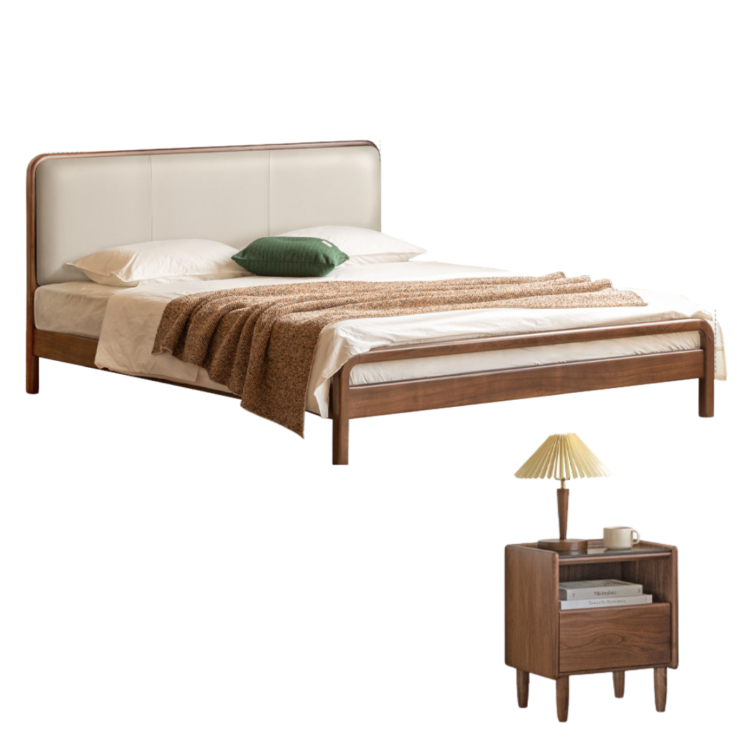 Black Walnut, Beech Solid Wood Retro Upholstered Large Bed