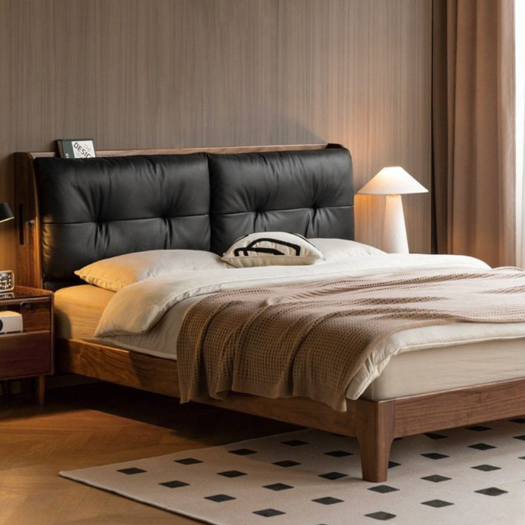 Black Walnut, Sandalwood Solid Wood Bed — Genuine Leather Upholstered, Simple Luxury Design