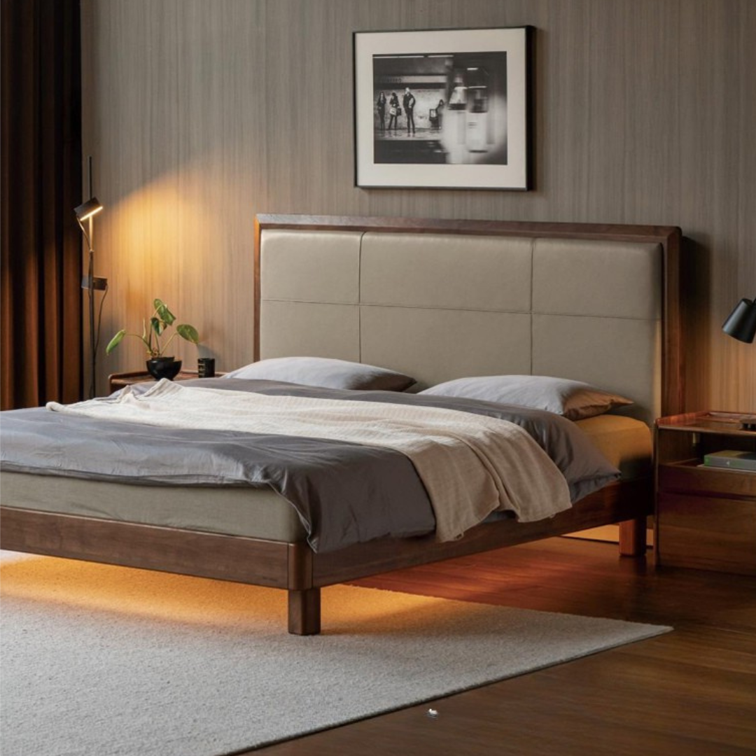 Black Walnut, Oak Solid Wood Italian Light Luxury Genuine Leather Soft Headboard Luminous Bed