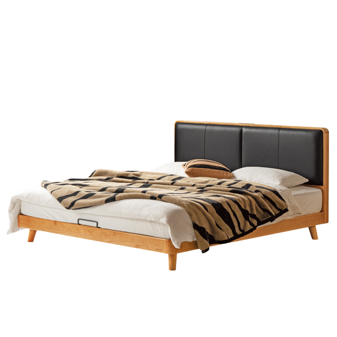Cherry Solid Wood Bed with Top Layer Cowhide Soft Headboard Retro Style