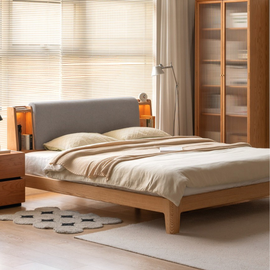 Oak Solid Wood Bed with Genuine Leather and Light Upholstery