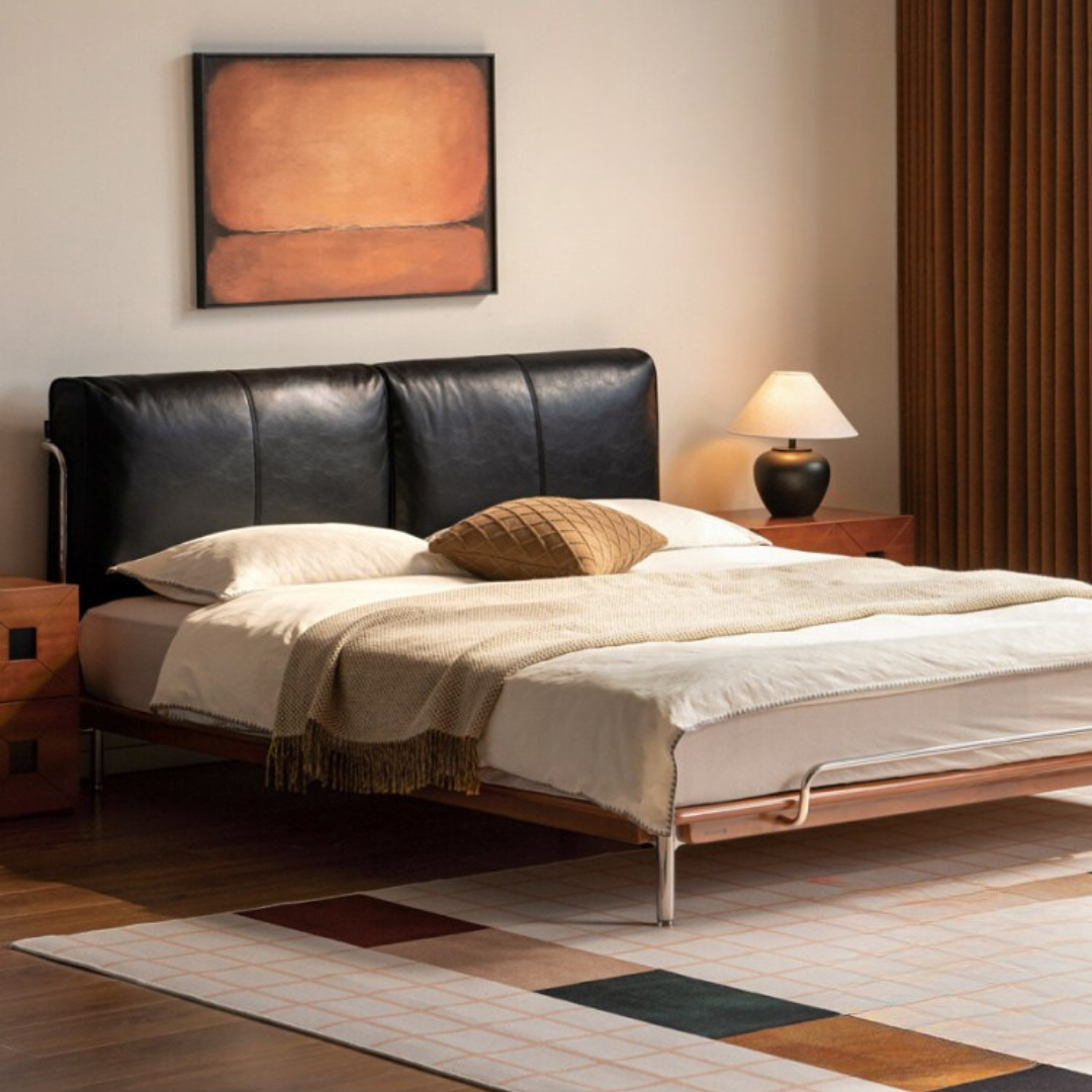 Genuine Leather Bauhaus Style Double Bed with Top Grain Cowhide Soft Backrest