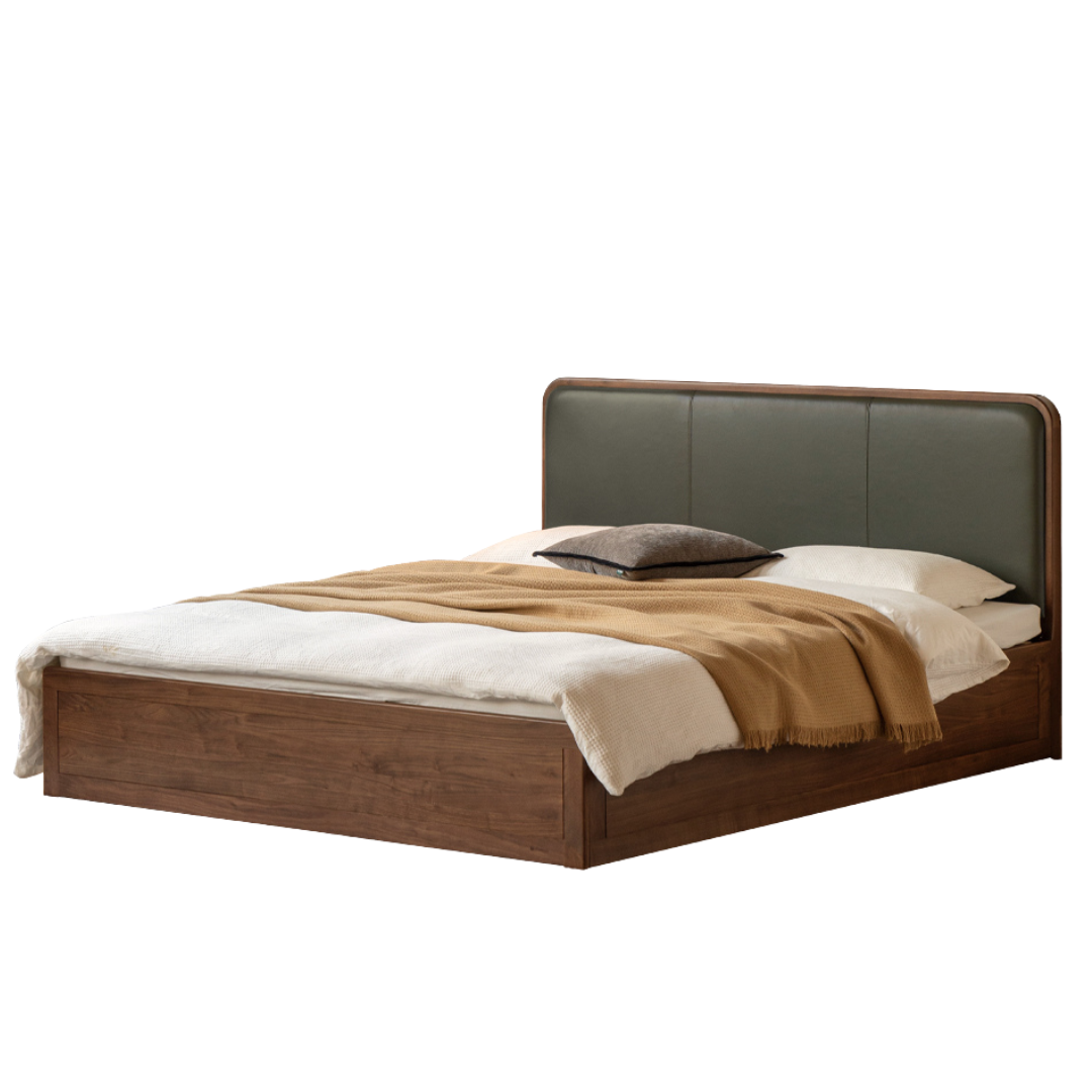 Black Walnut, Beech Solid Wood Retro Upholstered Large Bed