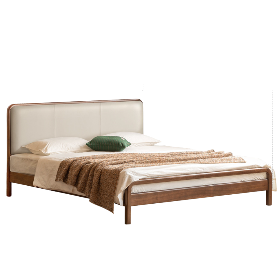 Black Walnut, Beech Solid Wood Retro Upholstered Large Bed