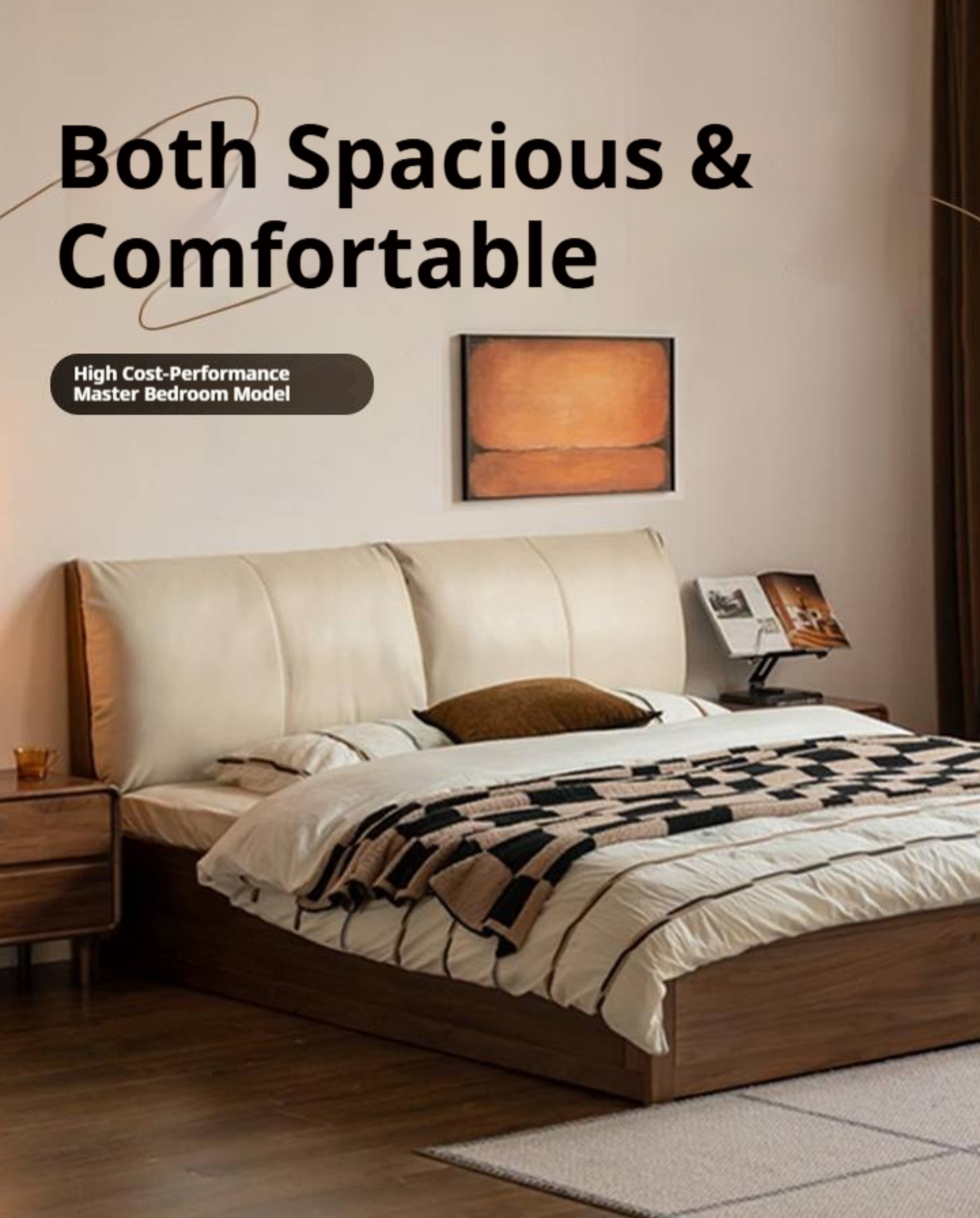 Black Walnut Solid Wood Box Bed — Luxury Genuine Leather Bed with Soft Backrest