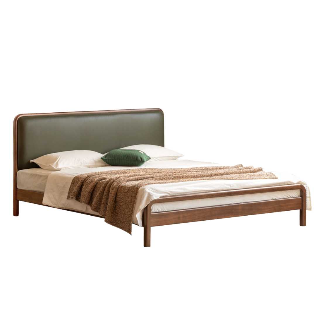 Black Walnut, Beech Solid Wood Retro Upholstered Large Bed